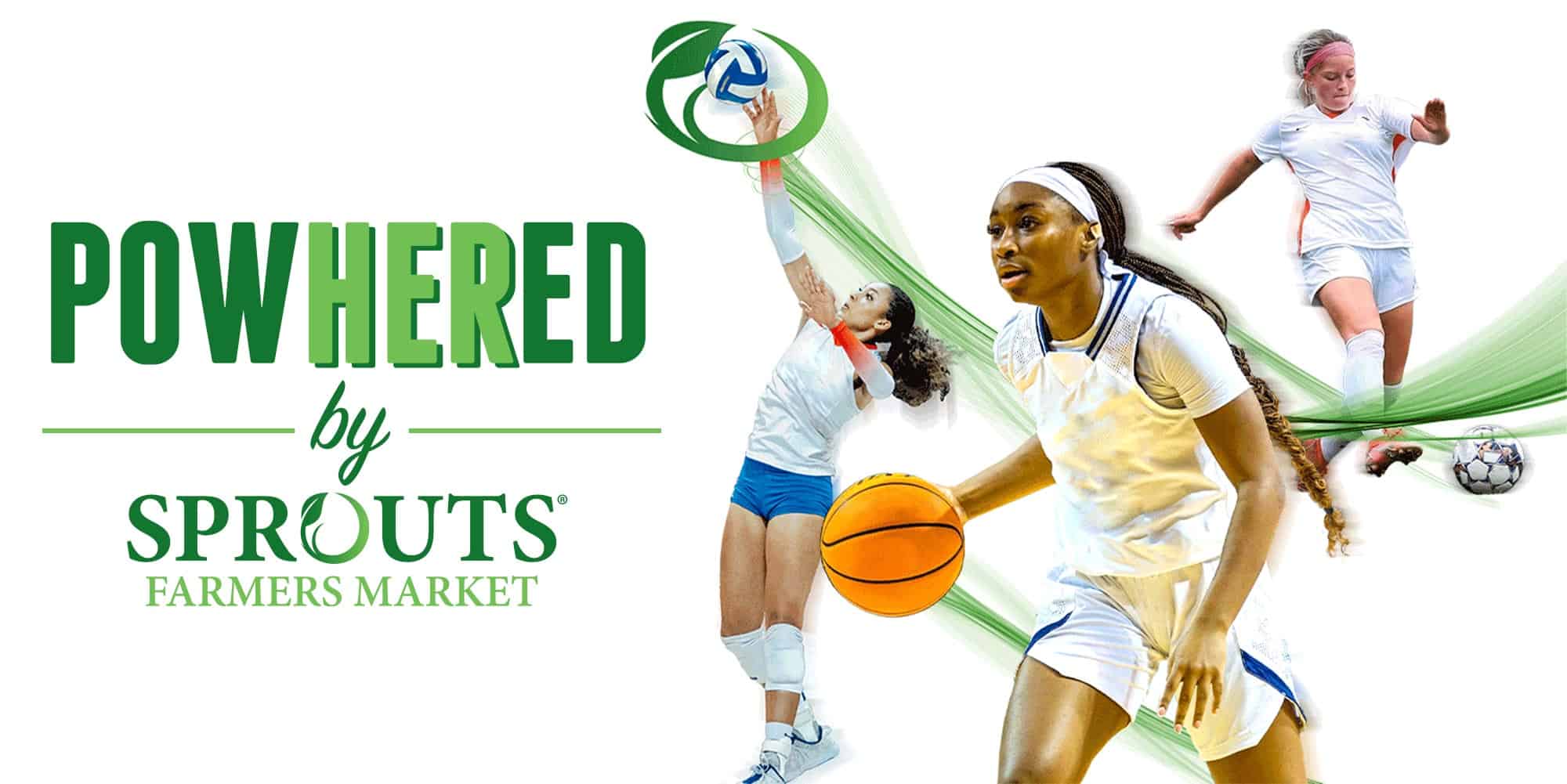 PowHERed by Sprouts logo next to female athletes